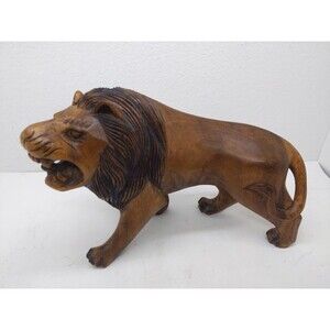 Roaring Lion Statue Figure Hand Carved Vintage Smooth Wood 8.5” X 13" Pre-owned